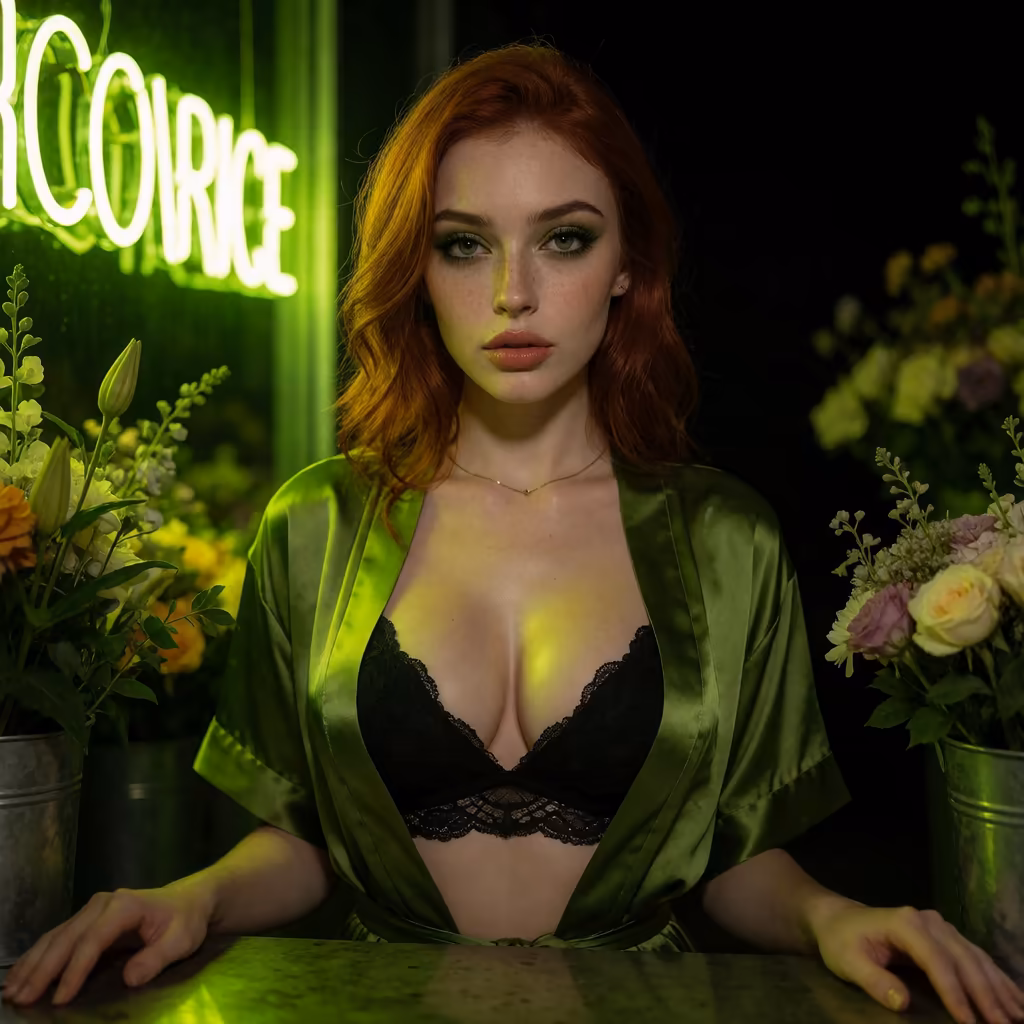 thick milf ai — a character portrait shot in a florist setting
