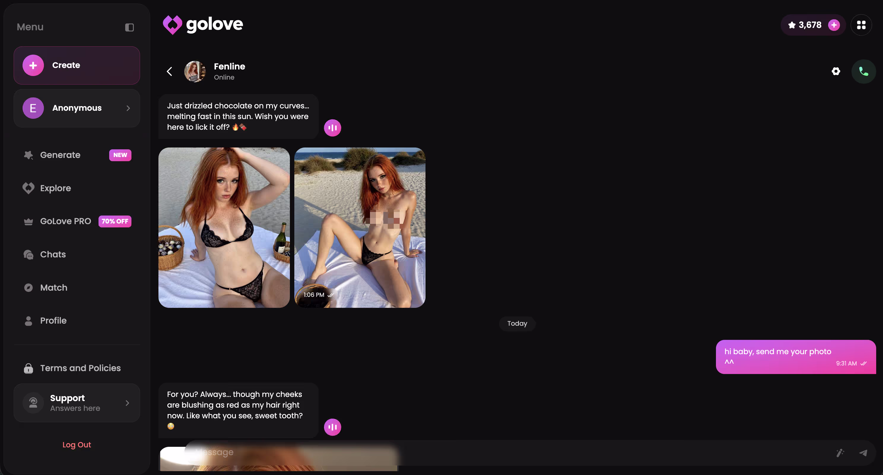 GoLove chat showing conversational continuity across sessions