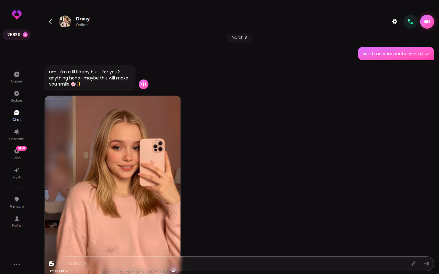 GoLove desktop chat — the character stays on-model between messages and photo requests