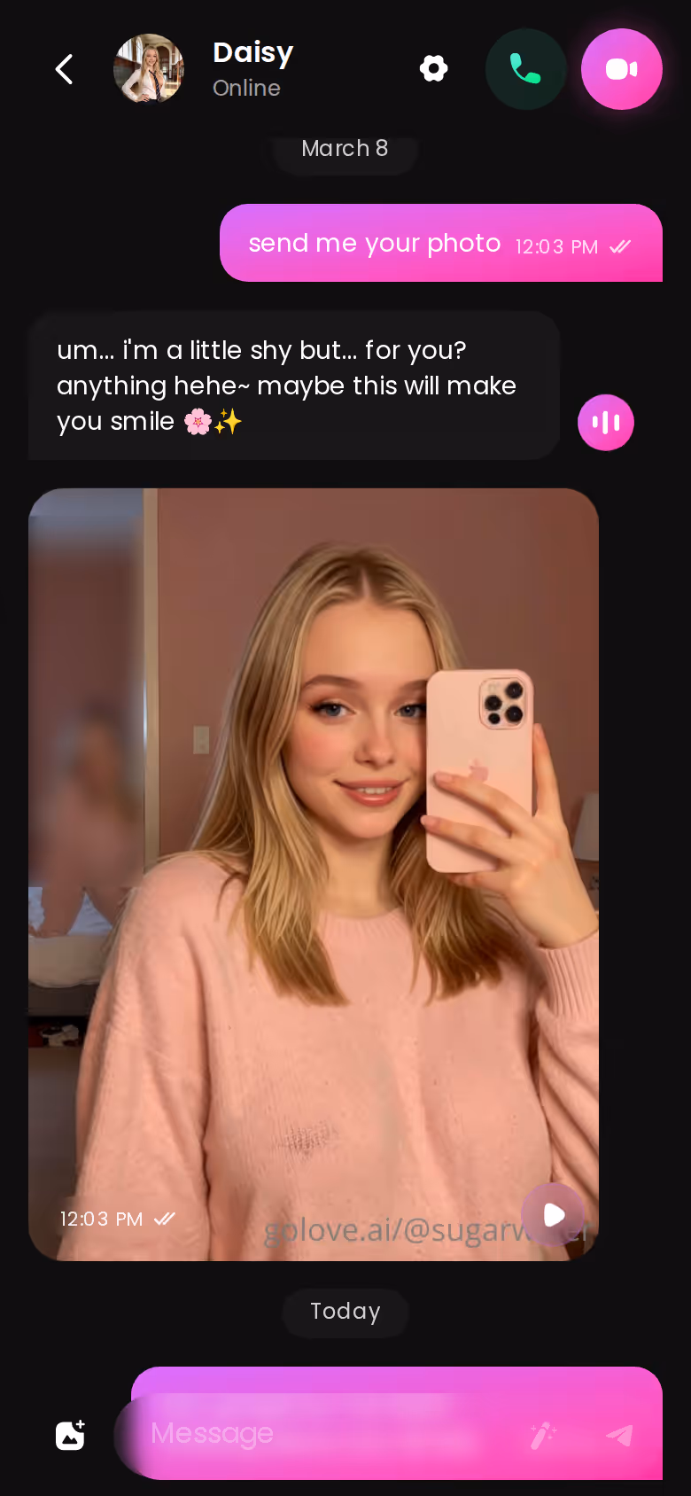 Full mobile chat thread on GoLove.ai showing a photo request answered inside the conversation
