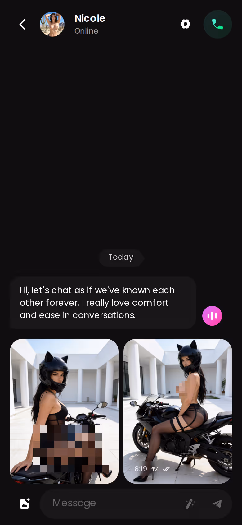 GoLove.ai mobile chat thread with Nicole showing messages and an in-chat photo