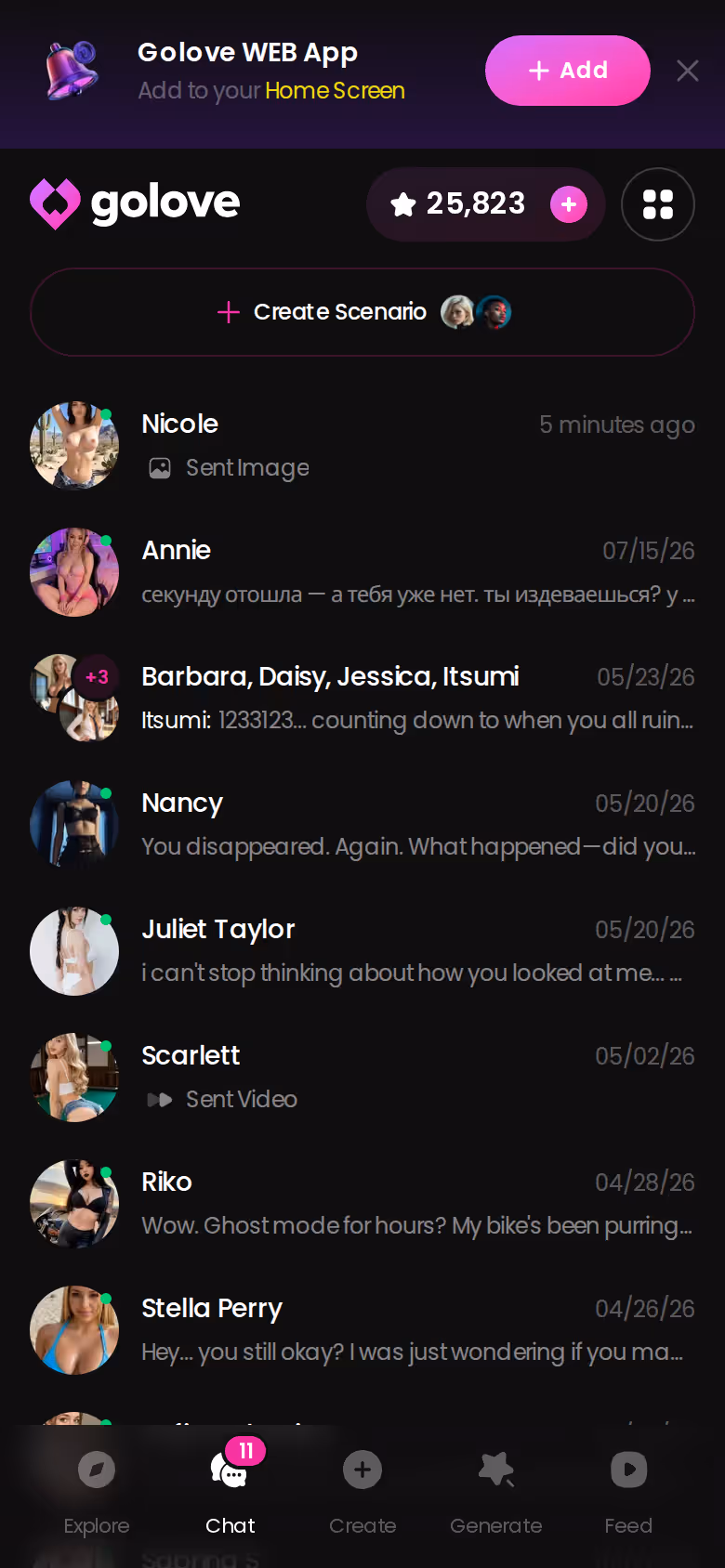 GoLove chat list on mobile — every thread is a character you picked or built