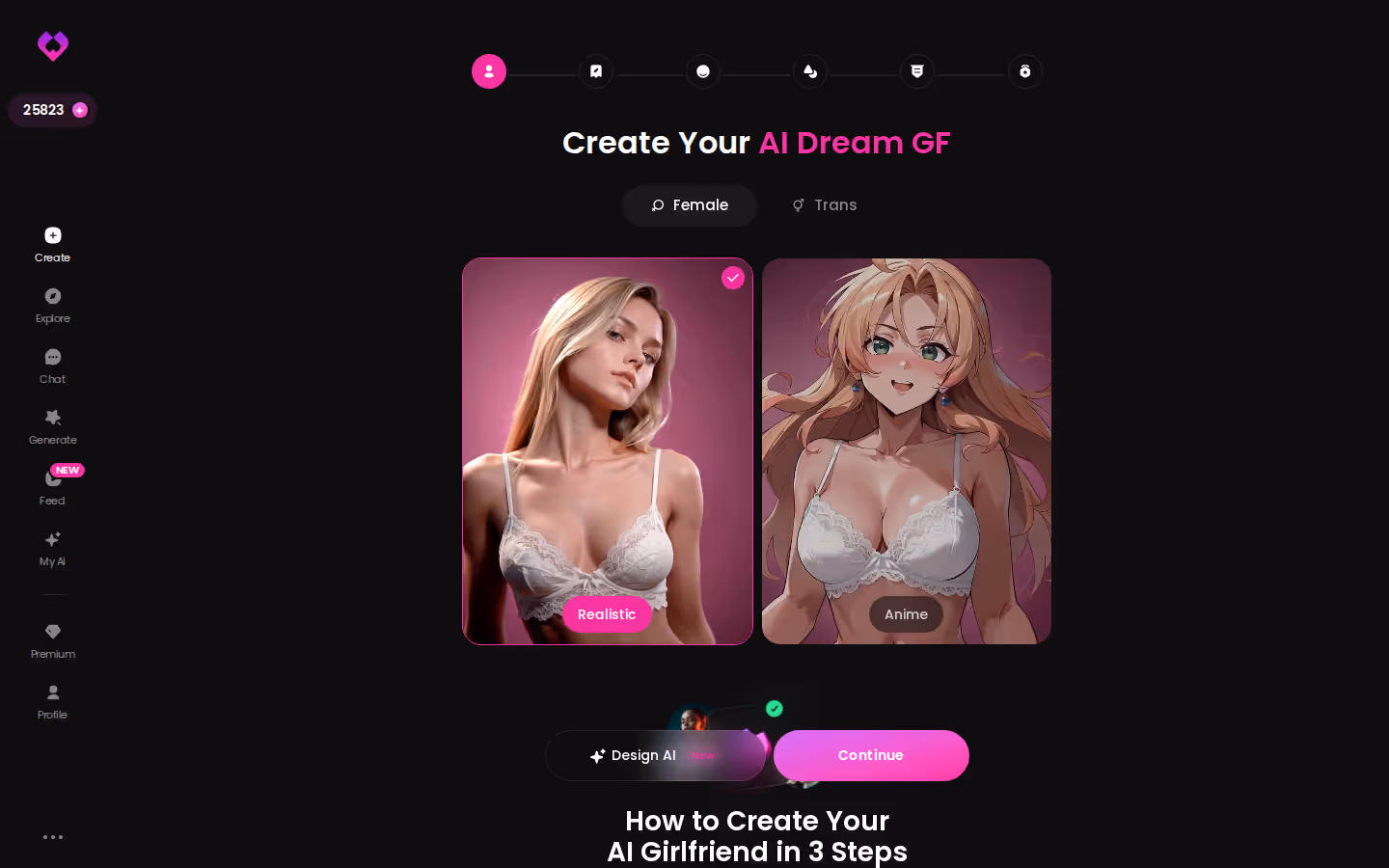 GoLove.ai Create wizard start screen with Realistic, Anime and Trans style cards