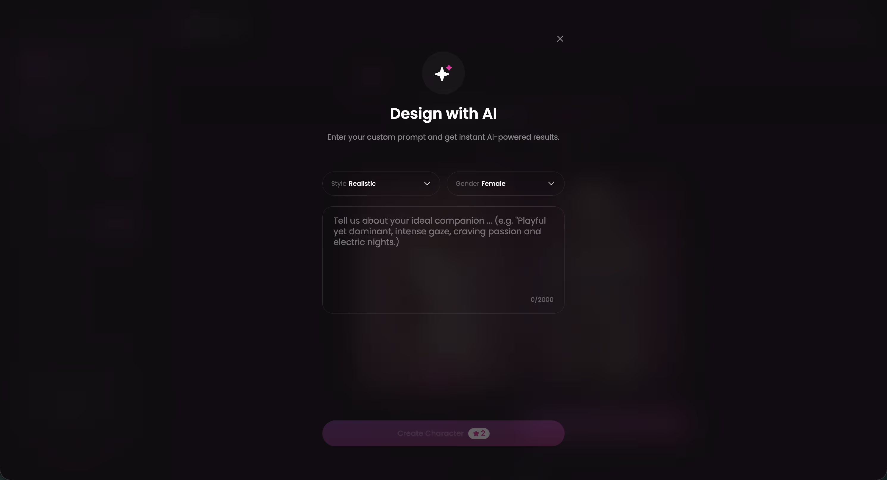 GoLove.ai Design with AI screen with a text box for describing a new character