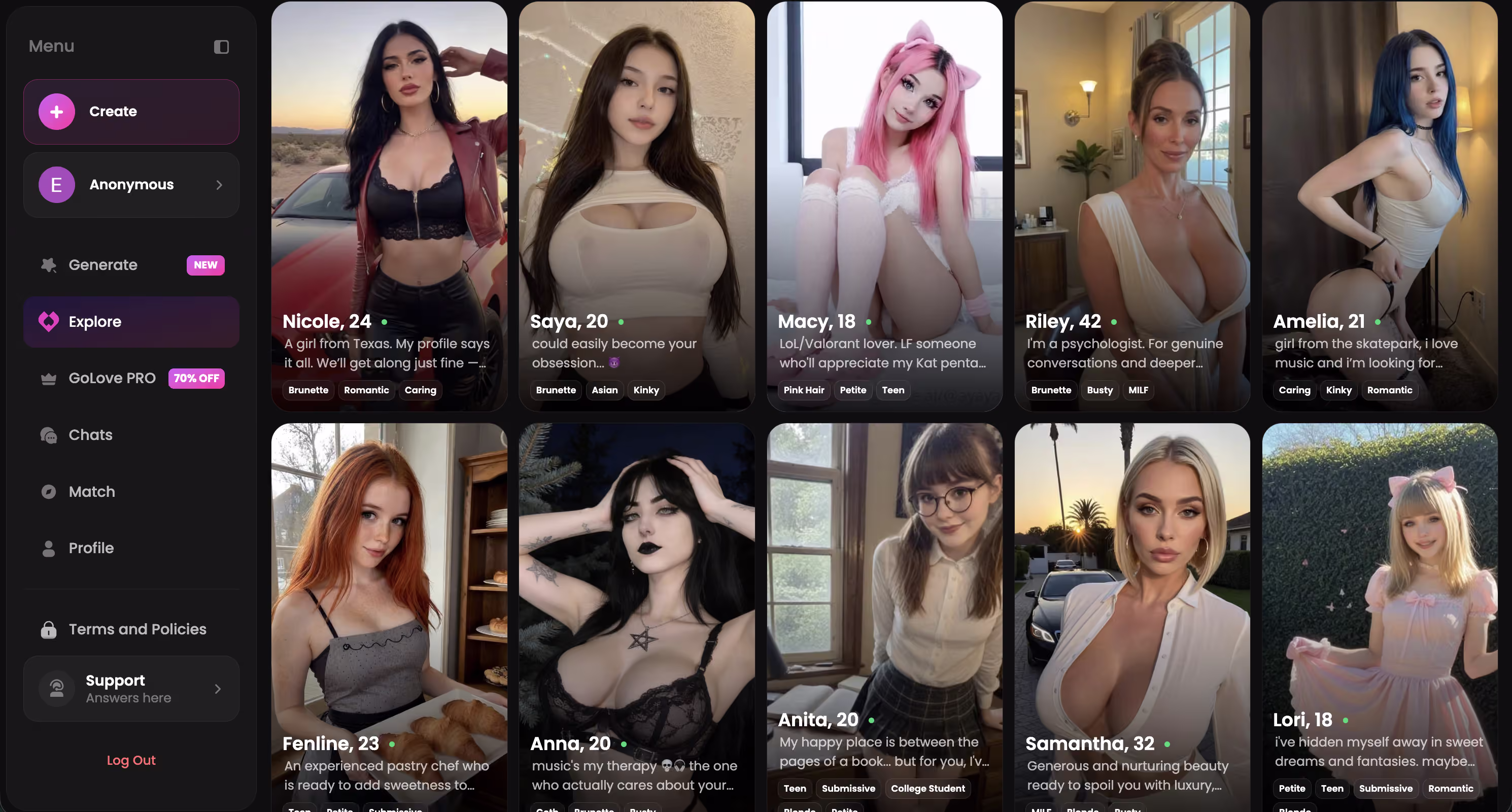 Explore page with realistic AI girlfriend roster — ai girlfriend websites