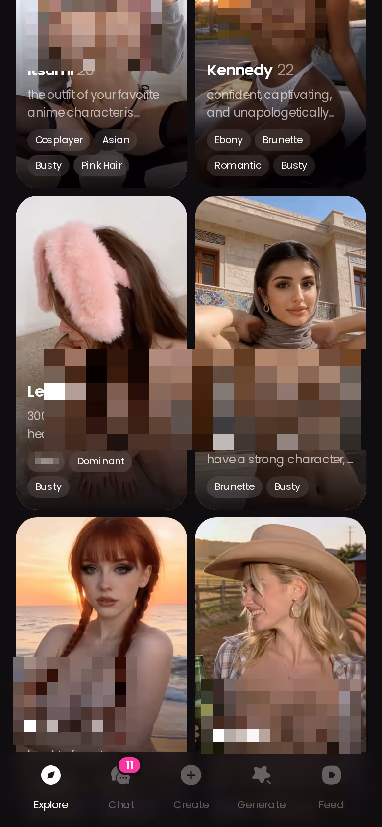 GoLove.ai mobile Explore grid of realistic characters, one tap from browsing to chat
