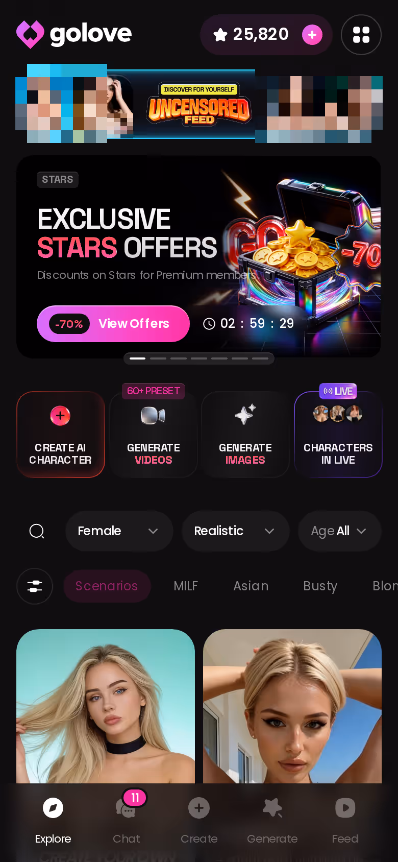 GoLove Explore on mobile — tag chips and character cards that open straight into persistent chats
