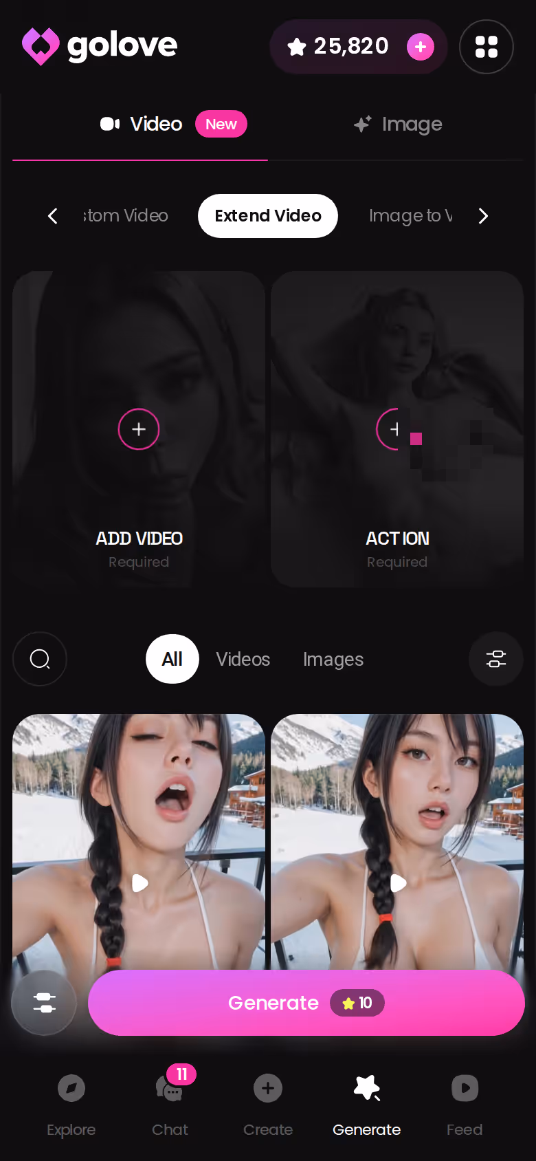 GoLove video generation on mobile — a photo of your character extended into a clip