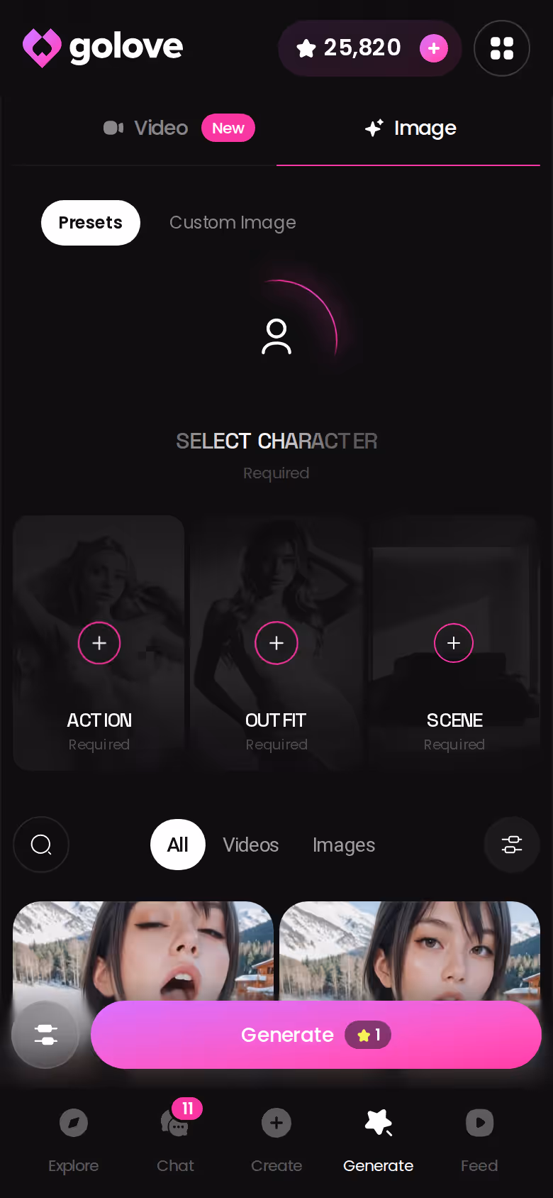 GoLove.ai mobile Generate tab in Image mode with preset pose cards