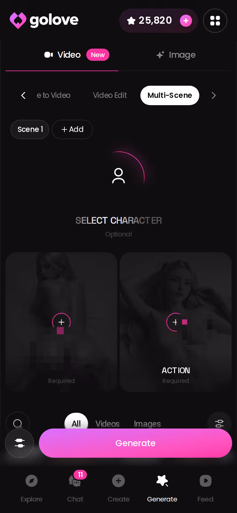 GoLove.ai multi-scene builder on mobile, combining several moments with one character into a single clip