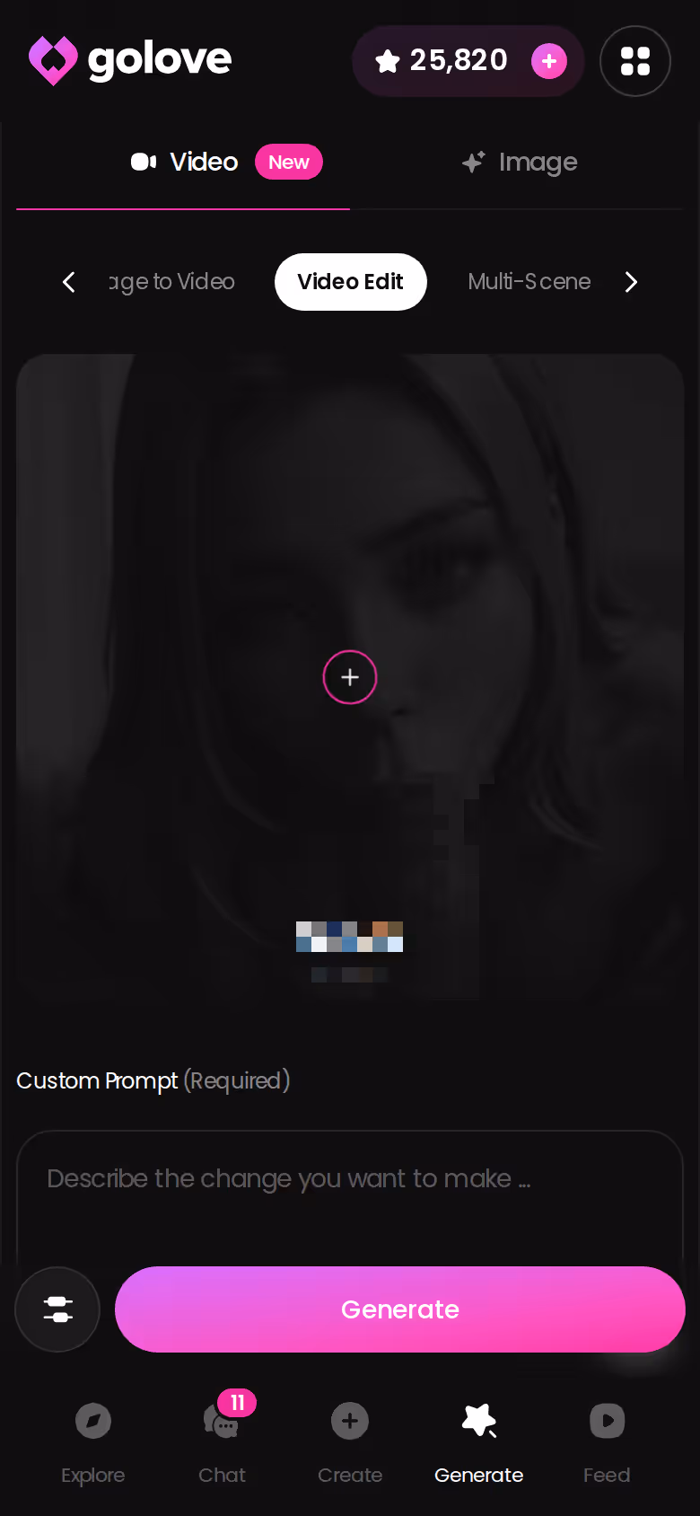 GoLove.ai Video Edit screen on mobile, a premium-leaning editing tool